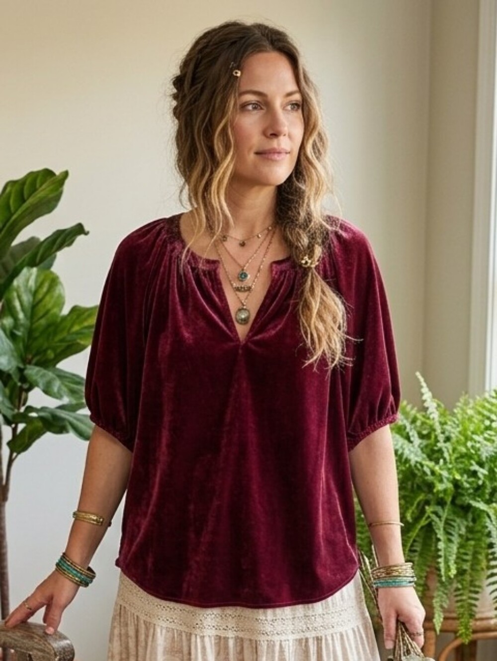 NWOT GAP XL Whimsigoth Romantic Boho Chic Puff Sleeve Peasant Velvet Blouse